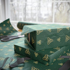 Celtic Knot Green Wrapping Paper – Gold Triquetra Pattern