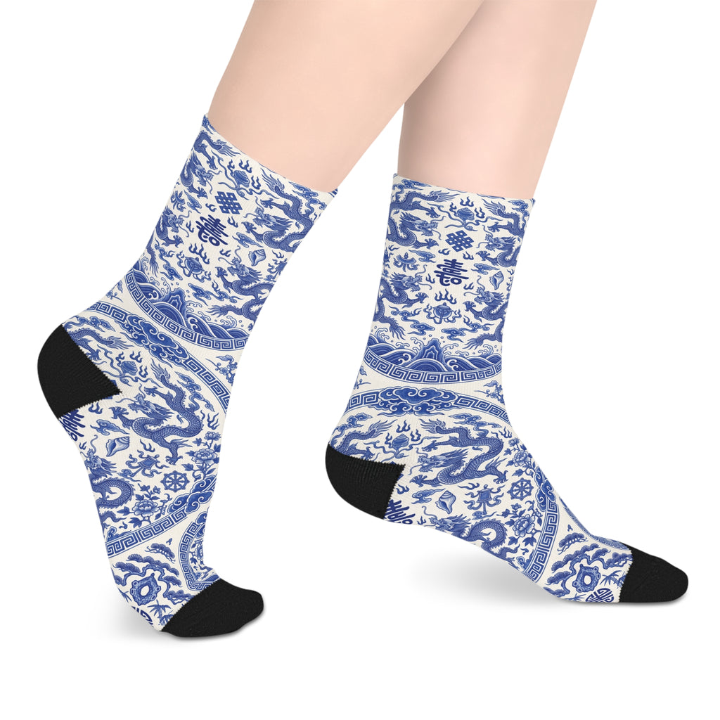 Chinese Porcelain or Blue Ikat Pattern Mid-Length Socks