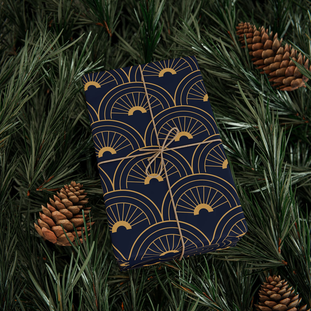 Navy Gold Art Deco Wrapping Paper Roll — Elegant Peacock Fan Pattern