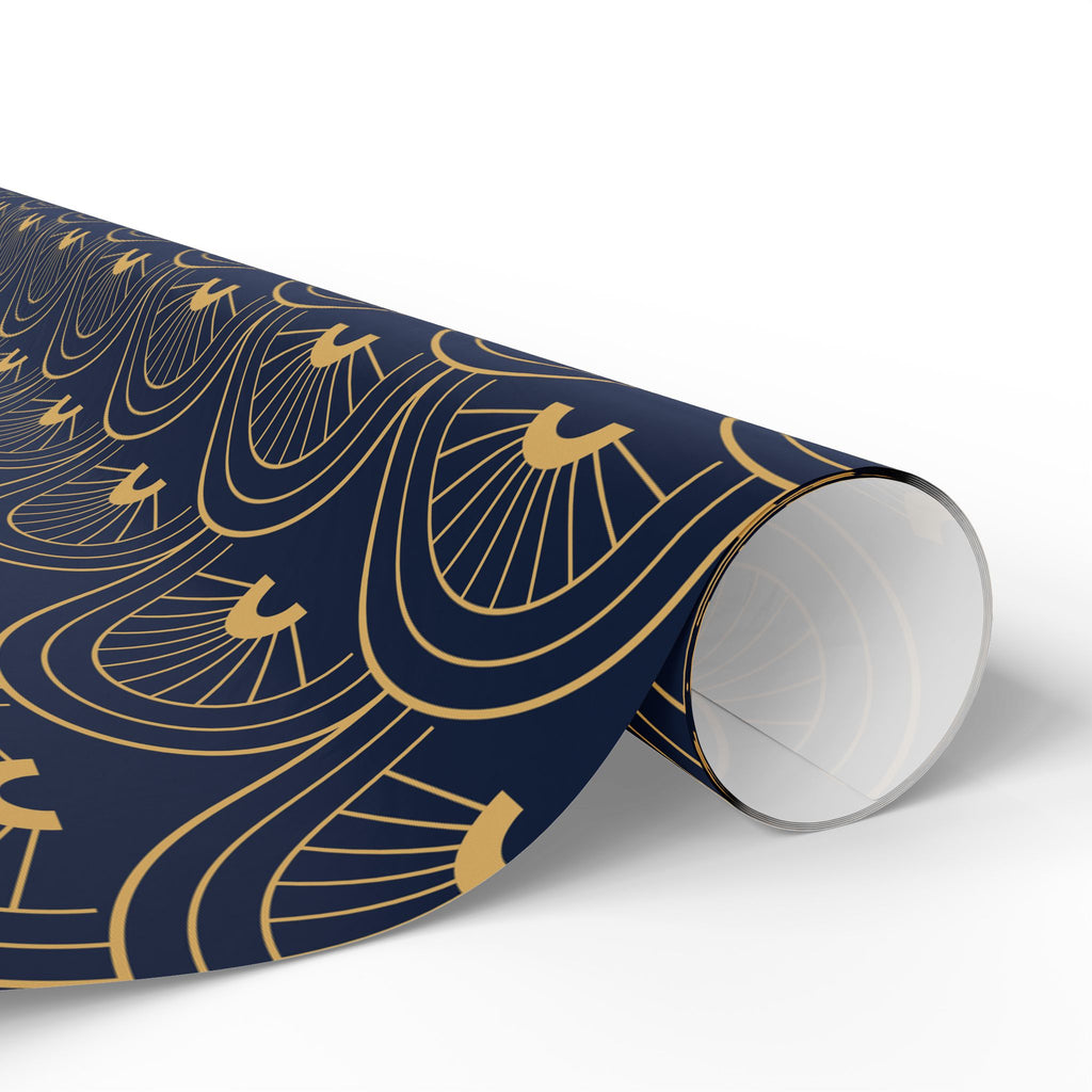Navy Gold Art Deco Wrapping Paper Roll — Elegant Peacock Fan Pattern