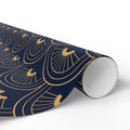 Navy Gold Art Deco Wrapping Paper Roll — Elegant Peacock Fan Pattern