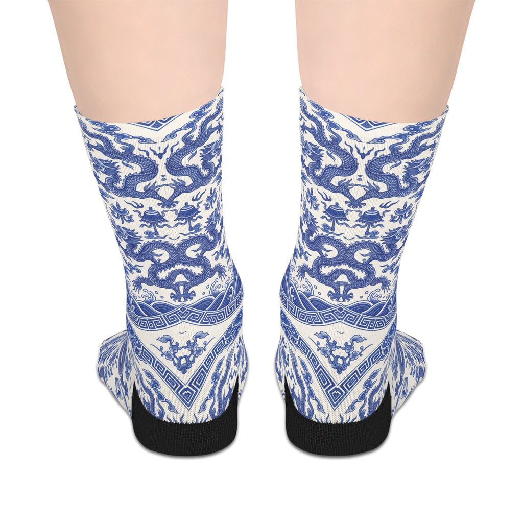 Chinese Porcelain or Blue Ikat Pattern Mid-Length Socks
