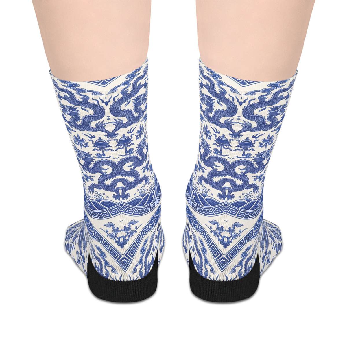 Chinese Porcelain or Blue Ikat Pattern Mid-Length Socks