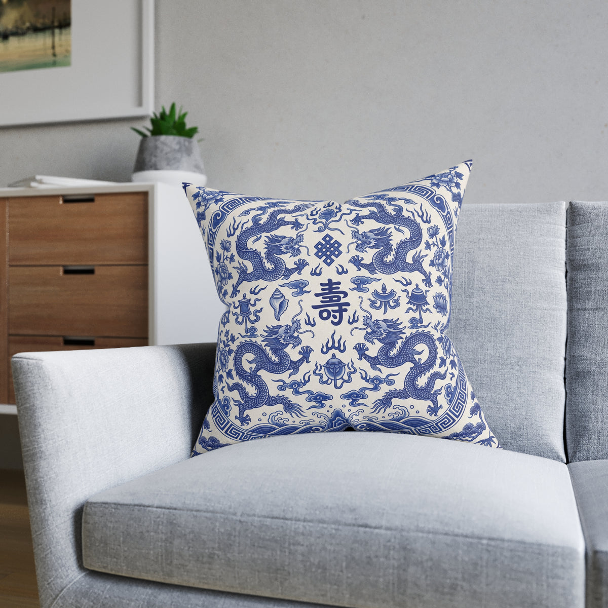 Blue & White Chinese Dragon Cushion
