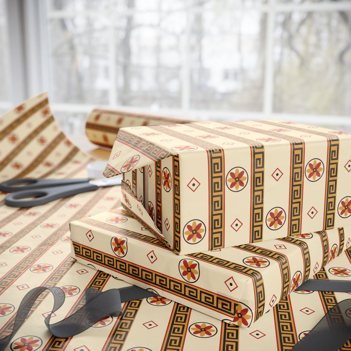 Wrapping Paper — Roman or Greek Key & Floral Stripe Gift Wrap