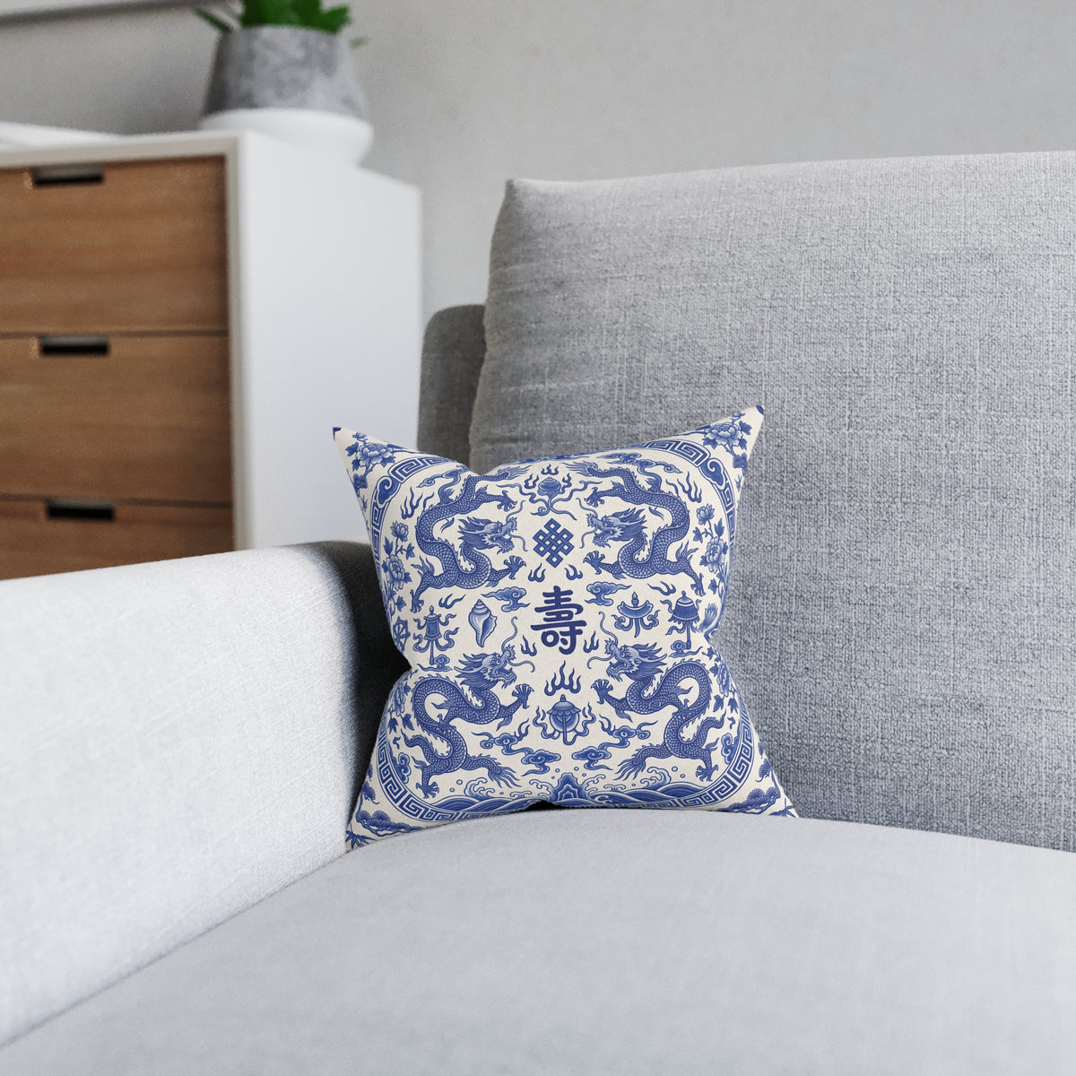 Blue & White Chinese Dragon Cushion