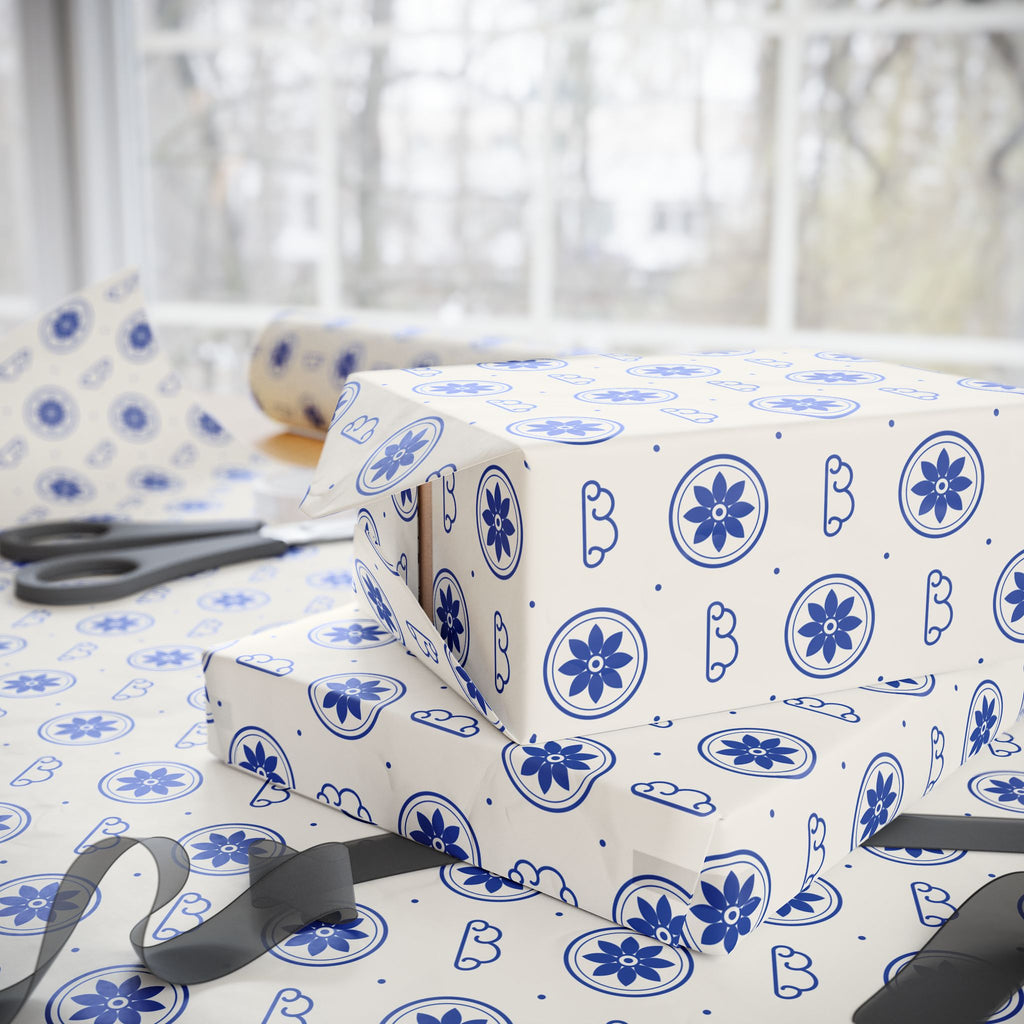 Blue Floral Hearts Wrapping Paper — Elegant Gift Wrap for Weddings, Birthdays & Mother's Day