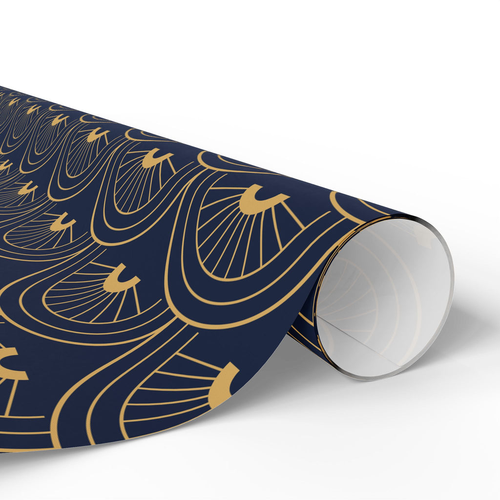 Navy Gold Art Deco Wrapping Paper Roll — Elegant Peacock Fan Pattern
