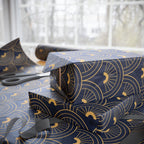 Navy Gold Art Deco Wrapping Paper Roll — Elegant Peacock Fan Pattern