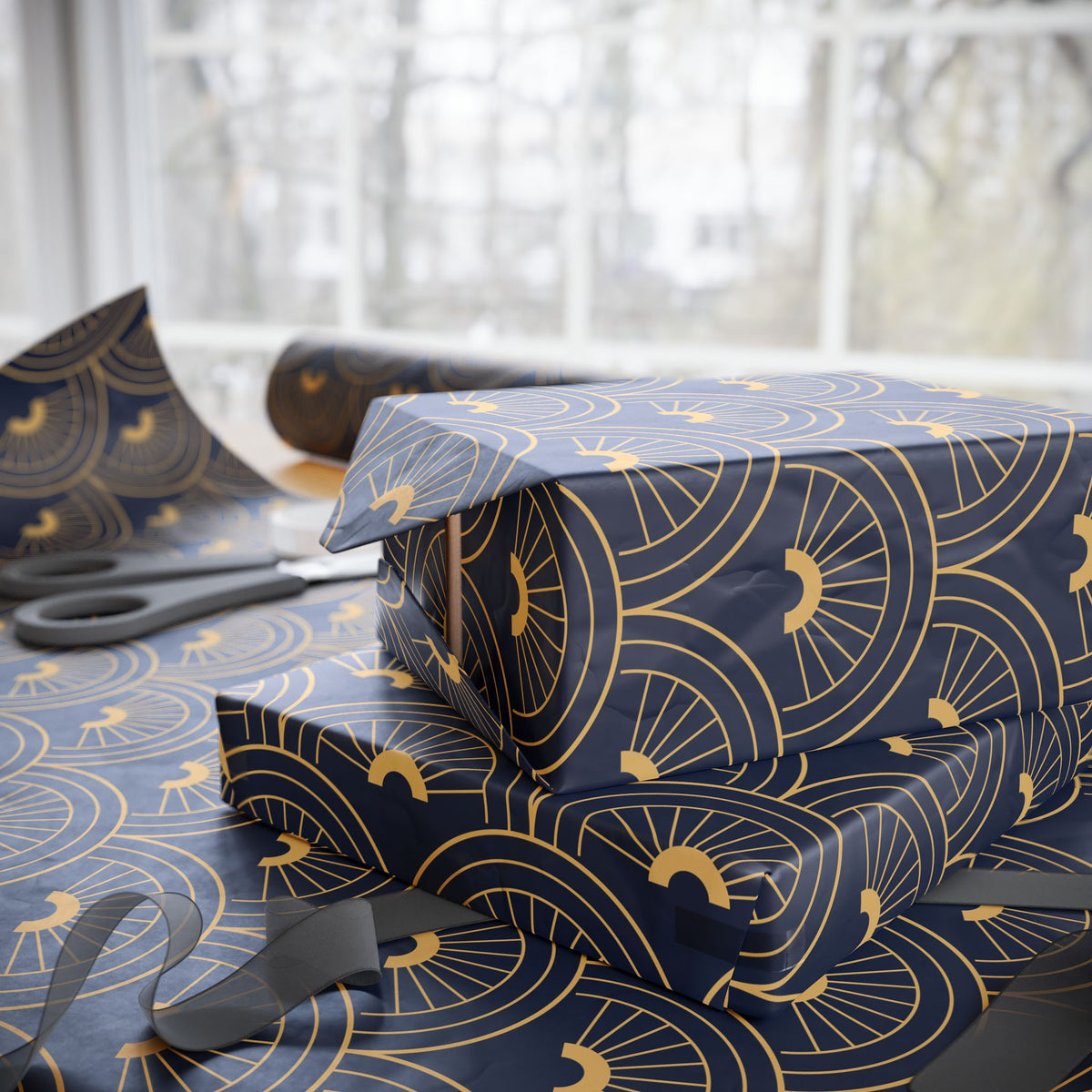 Navy Gold Art Deco Wrapping Paper Roll — Elegant Peacock Fan Pattern