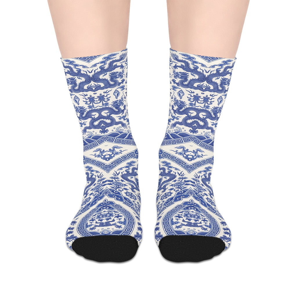 Chinese Porcelain or Blue Ikat Pattern Mid-Length Socks