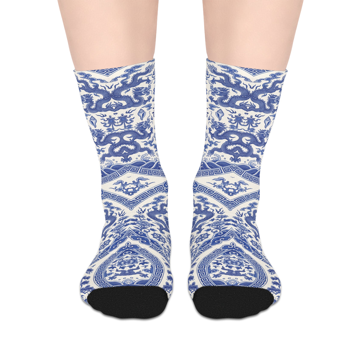 Chinese Porcelain or Blue Ikat Pattern Mid-Length Socks