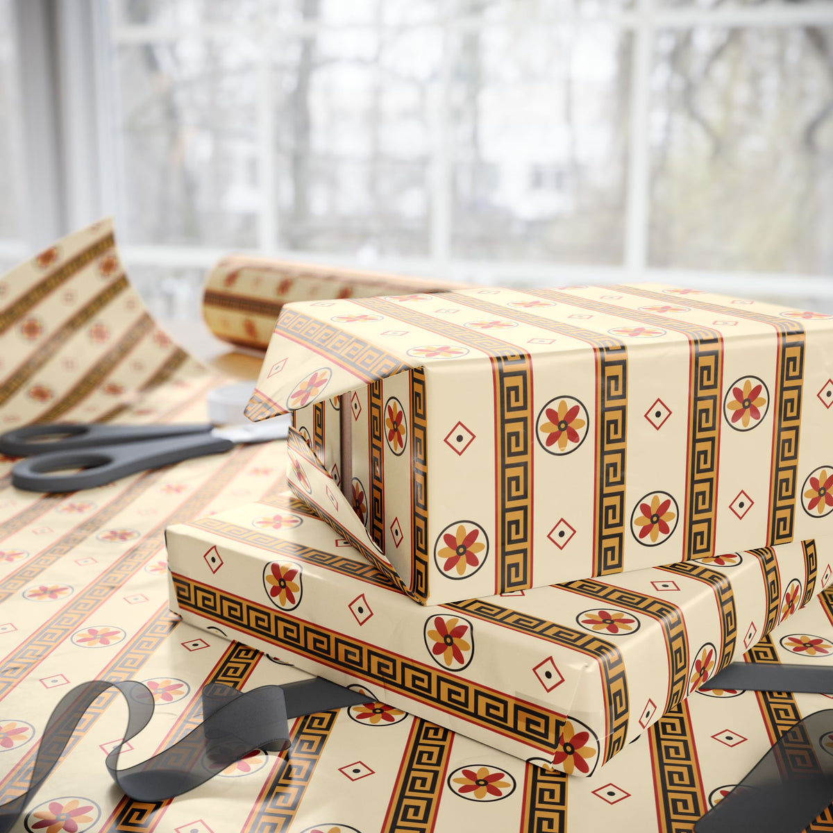 Wrapping Paper — Roman or Greek Key & Floral Stripe Gift Wrap
