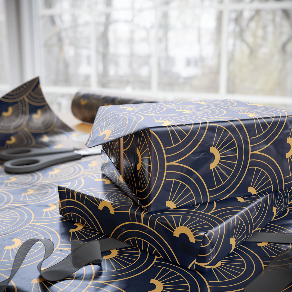 Navy Gold Art Deco Wrapping Paper Roll — Elegant Peacock Fan Pattern